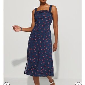Navy Blue and Cherry Print Dress